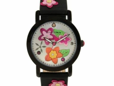 BETSEY JOHNSON BJ00677-04 3D PINK FLORAL FLOWER CHILD BLACK BAND WATCH For Sale